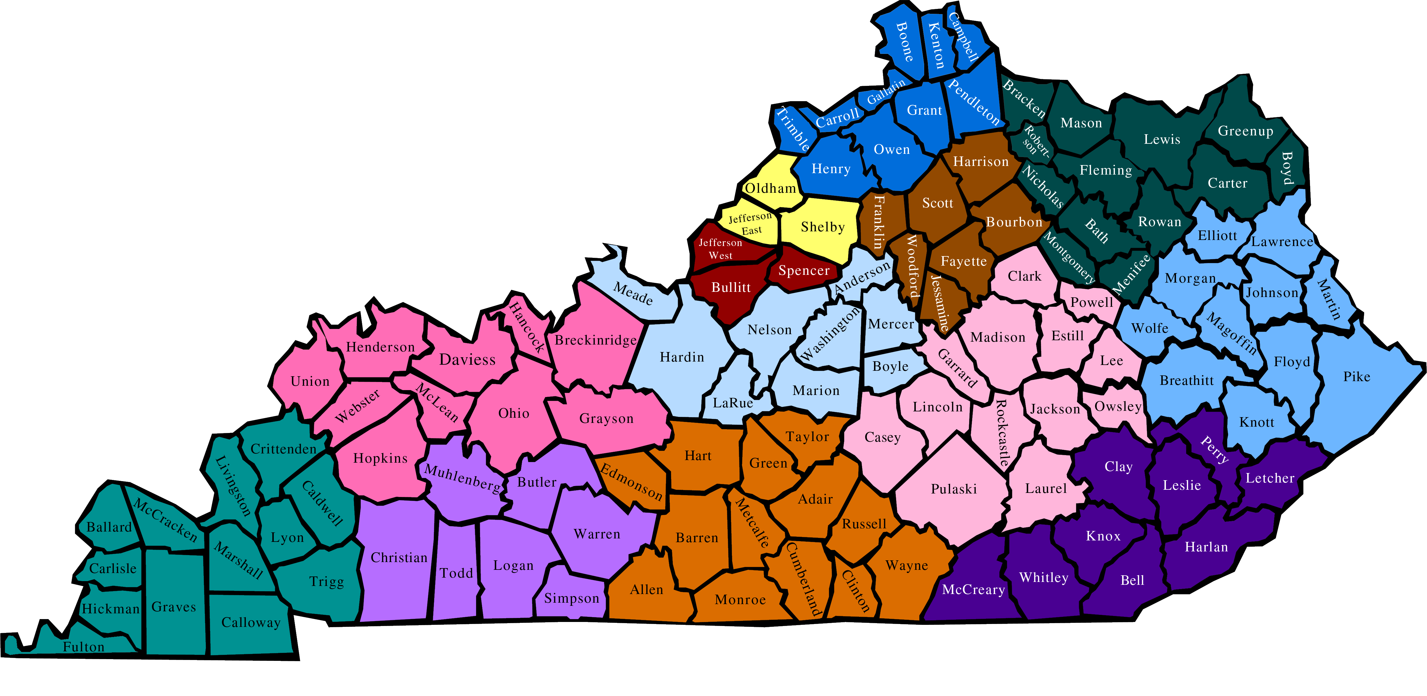 Map of Kentucky with a color coded key mapping each region